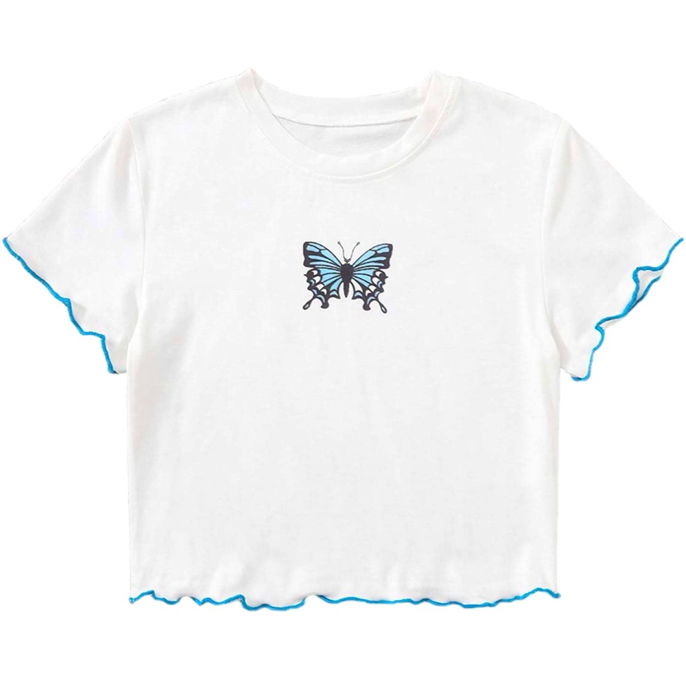 SweatyRocks White Crop Top with Blue Butterfly and Trim